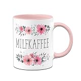 Tassenbrennerei Tasse mit Spruch Milfkaffee - Blümchen Kaffeetasse lusitg (Rosa)