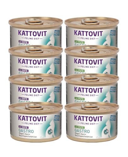 Kattovit Feline Diet Gastro | Pute & Ente 8X 85g- einzeln oder im Bundle | Magen- Darm/ Bauchspeicheldrüse (i- Rezeptur) | für Katzen mit Gastro- intestinalen Problemen (8, Bundle)
