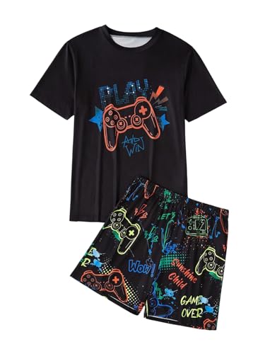 Image of Verdusa Men's Pajamas Set 2 Piece Pjs Sets Short Sleeve Letter Print Tee and Short Lounge Set