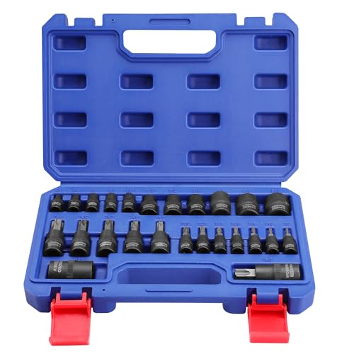 Image of WORKPRO Torx Bit Set, 25-Piece E4-E22, T8-T60, External Torx Socket Set | 1 /4 inch, 3 /8 inch, 1 /2 inch Drive Bits, E4-E22 e Socket Set, T8-T60 Torx Socket Set, S2 Steel Bits, CR-V Sockets, Storage Case
