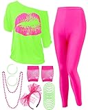 Blulu 80s Women Costume Set, Lips Print off Shoulder T-shirt, Geometric Legging Pants Earring Necklace Gloves Bracelet (Medium,Fluorescent Green)