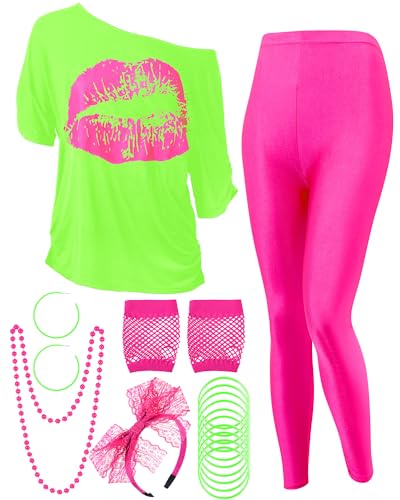 Blulu 80s Women Costume Set, Lips Print off Shoulder T-shirt, Geometric Legging Pants Earring Necklace Gloves Bracelet (Medium,Fluorescent Green)