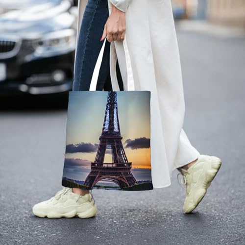 Eiffel Tower Print Reusable Canvas Tote, Shopping Bag With Handles For Daily And Grocery Use 5