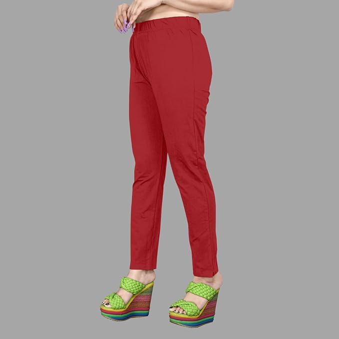 Image of Women's Solid Cotton Lycra Pants-High Waist Slim Fit Stretchable Leggings - Comfortable Long Trousers for Casual, Office & Everyday Wear