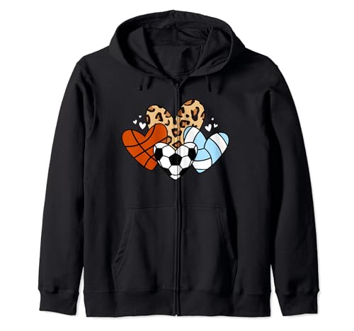 Soccer Basketball Volleyball Heart Funny Sport Leopard Mom Zip Hoodie