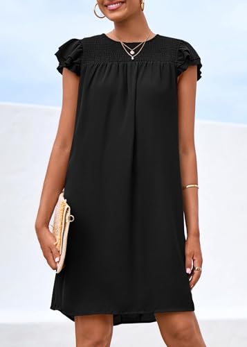 Image of KIRUNDO Wedding Guest Shift Dresses for Women Short Spring Summer Ruffle Cap Sleeve Chiffon Babydoll Flowy Mini Sundress(Black, Large)