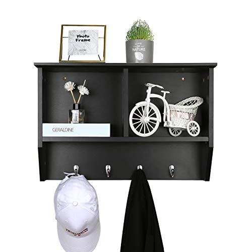 Tech Deals 🔥 NOZE Hanging Entryway Shelf, Coat Rack Wall Mounted Floating Shelf with 4 Hooks and Storage Cabinets, Black