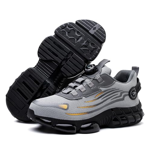 USOR Steel Toe Shoes for Men Women Non Slip Work Shoes Rotating Button Shoelaces Indestructible Steel Toe Sneakers Lightweight Air Cushion Composite Toe Safety Shoes Grey45
