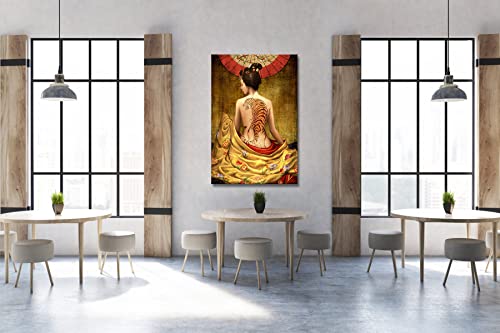 Tiuauit Japanese Woman Canvas Art Tiger Tattoo Painting Pictures Vintage Prints Artwork For Living Room Bedroom Stretched And Framed Ready To Hang 24"X36" (Yellow) #TOP3
