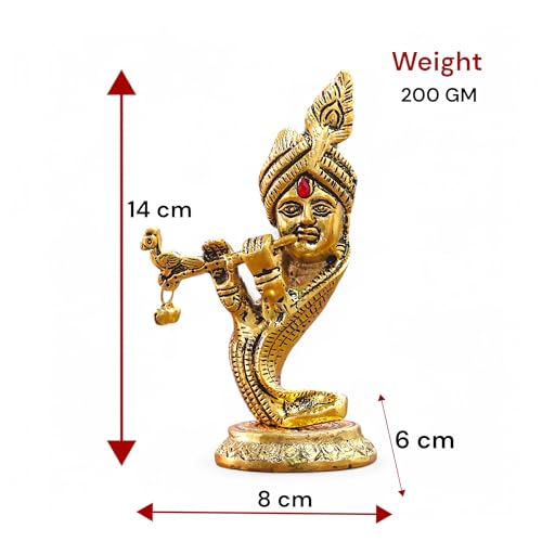 Image of KridayKraft Pagdi Krishna with Playing Flute Idol, Gold-Toned Metal Decorative Showpiece Hindu Religious Art Figurine, Statue