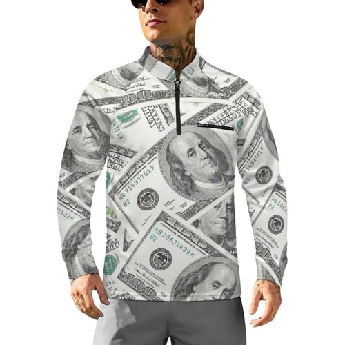 100 Dollars Money Men's Rash Guard Long Sleeves Quick Dry Fishing Workout Shirts with Zipper