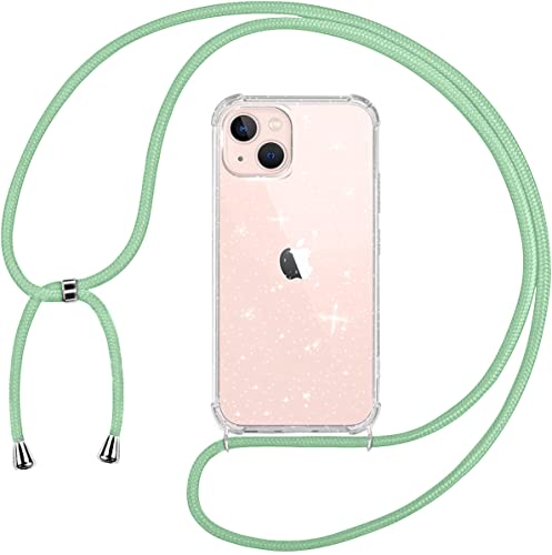 Tikgue Funda con Cuerda para iPhone 13, Carcasa Glitter Brillante Transparente TPU Suave Silicona Capa con Colgante Ajustable Collar Correa de Cuello Colgar Cordón - Menta Verde Cover