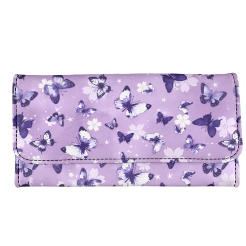 AFPANQZ Purple Butterflies Luxury Leather Wallets for Women RFID Blocking Checkbook Wallet Cit Card Slots Phone Holder Trifold Multi Card Organizer Phone Holder Lady Purse