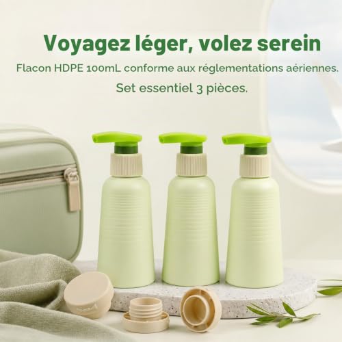 Flacon Voyage Réutilisables, 3 Pièces 100mL Flacon Vide Voyage, Flacon De Voyages Résistantes Aux, Bouteilles de Shampoing à Remplir, Contenant Voyages pour Shampoing, Gel Douche, Crème, Lotions, Vert – vue 6