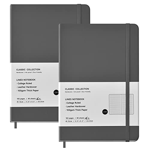 Coopay 2 Pack A5 Journal Notebooks Classic College Ruled Notebooks Hardcover Leatherette Lined Journals For Office Home School Business, 8.3 X 5.5 Inch, 100Gsm Thick Paper, 160 Pages (Gray) #TOP8