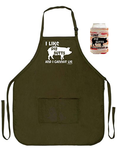 Bacon BBQ Barbecue Aporon Like Pig Butts Cannot Lie Two Pocket Apron Military Green and Matching Can Cooler Bundle [PPP]