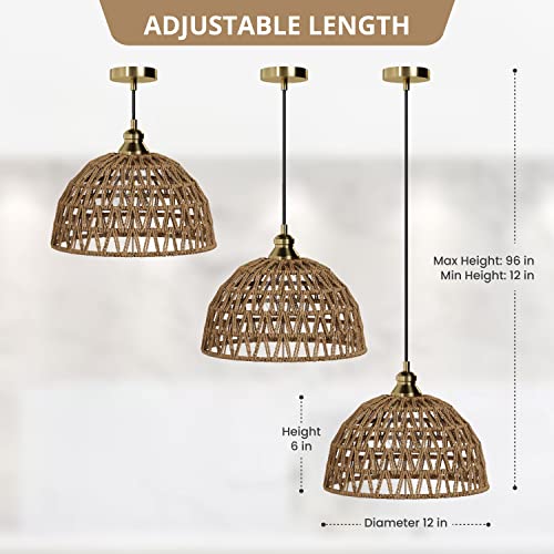 Wicker Rattan Pendant Adjustable Hanging Light, Farmhouse Boho Modern, Natural Brown, 12", Etl Listed, 1-Light, Handwoven Shade Matching Cord And Canopy, For Foyer Dining Room Kitchen Island Bedroom #TOP1