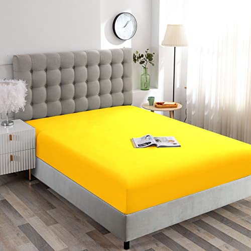 Image of Ghooss Full Size Fitted Sheet,Hotel Quality Bedding Fitted Sheet Deep Pocket up to 14 Inch,Wrinkle and Fade Resistant,1 Piece,Yellow