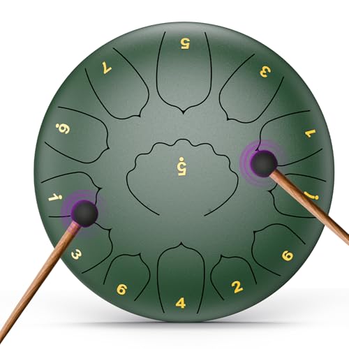 Rain Drum for Outside Garden, 12 Inches 13 Notes Steel Tongue Drum, Outside Garden Rain Chime, Chakra Drum for Rain (Green, 12 Inch)