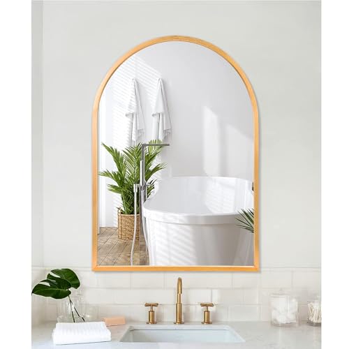 Image of Arched Gold Framed Wall Mirror, 26 inchx18 inch Aluminum Alloy Bathroom Mirror for Wall, for Bedroom Entryway Living Room Vanity Large