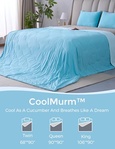 Momcozy Life CoolMurm Cooling Comforter for Hot Sleepers, Twin/Twin XL 68" x90” Soft Breathable Pregnancy Cooling Blanket, 3-Second Cooling, 8 Hours+ Stay Cool All Night, Deep Light Blue