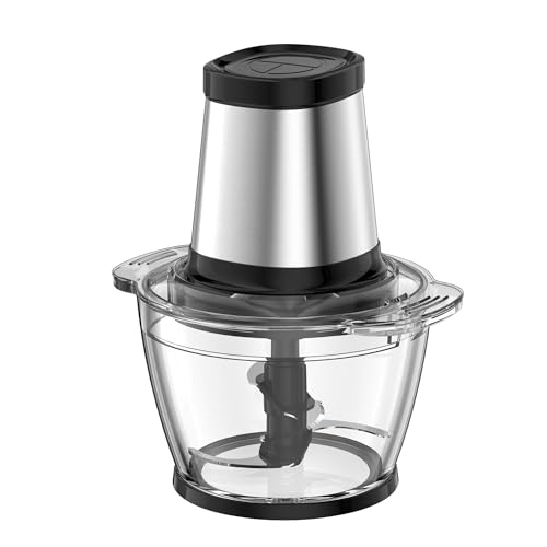 Daewoo Mini picadora con cuenco de cristal de 1 litro, picadora de alimentos con 4 cuchillas de acero inoxidable, fondo antideslizante, tapa de bloqueo de seguridad, picadora de alimentos eléctrica