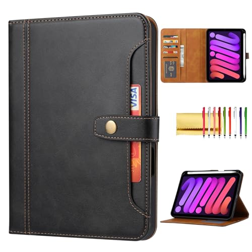 Folio Case for iPad mini A17 Pro 2024/Mini 6 2021 8.3", Vegan Leather Folding Stand [Pencil Holder] Soft TPU Back Shell Protective Smart Cover with Card Slots & Pockets, Black