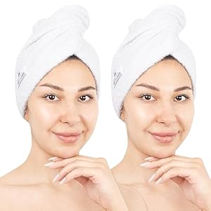 American Soft Linen 100% Cotton Hair Towels for Women, Head Towel Cap, Cotton Hair Turban Towel Wrap for Long Curly Anti Frizz Hair, Soft and Absorbent Cotton Hair Towels 2 Pack, White