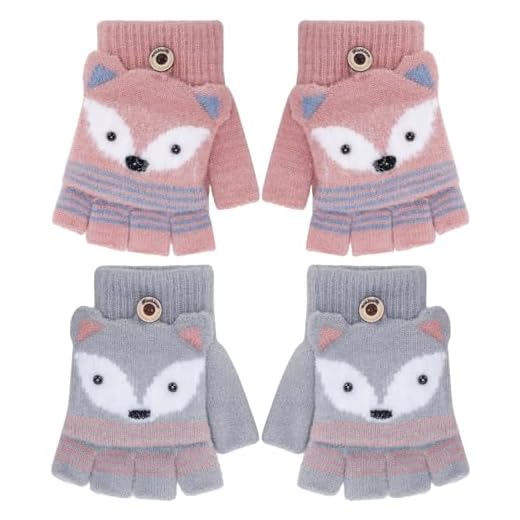 Firtink 2 Paar Kinder Halbfinger Handschuhe mit Flip Top,Fingerlose Handschuhe Fäustlinge Kinder Warm Winter Cartoon Strick Finger Handschuhe für Kinder Jungen Mädchen (Grau,Rosa)