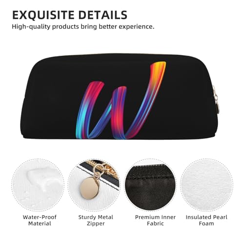 Image of Cute Initial Pencil Case for Kids Simple Leather Pencil Pouch for Boys Girls Letter Design Pencil Box Pen Bag Pencil Pouch Office Stationery Organizer, Rainbow Letter W
