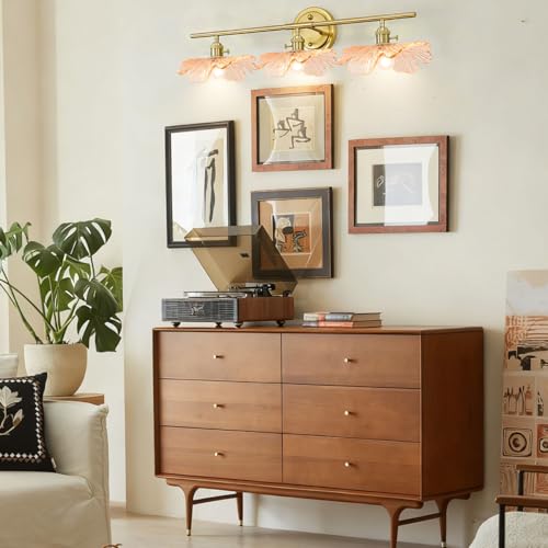 Image of 3 Light Bathroom Vanity Lighting, Gold Brass Wall Mount Light with Amber Flower Petal Glass Shade, Mid Century Vanity Lights Over Mirror for Living Room Hallway