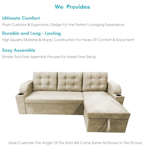 Image of Casaliving Grance RHS 4 Seater Corner Sofa Cum Bed for Living Room with Storage (Cream Fabric) Premium Fabric Sofa Cum Bed