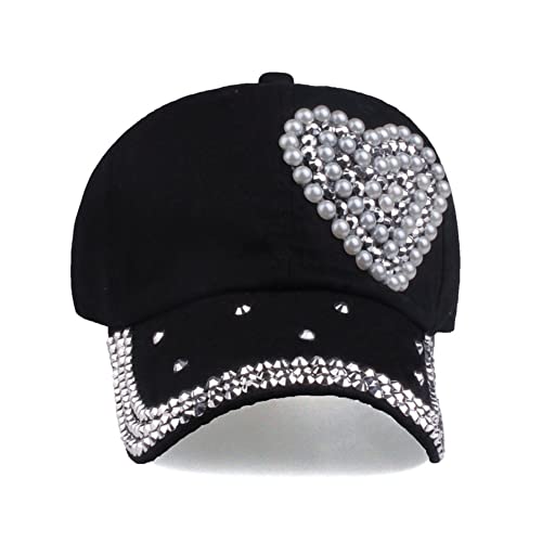 Shiny Baseball Cap For Women Pearl Loving Heart Sun Hat Adjustable Comfy Fashion Skull Cap Bling Rhinestone Outdoor #TOP1