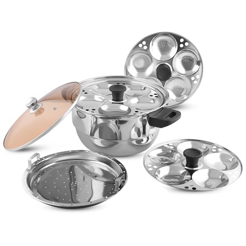 KSJONE See Through lid 5 Pcs Stainless Steel Induction Friendly Idli Cooker Multi Kadai for Indian Cooking with 3 idli Plates (15 Idlis), 1 Patra Plate, Silver by KSJONE - Used condition - US$24.51
