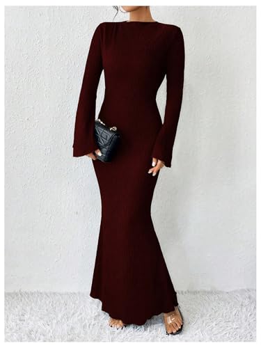 GORGLITTER Women's Bell Long Sleeve Cocktail Maxi Dress Crew Neck Bodycon Fishtail Casual Long Dresses4