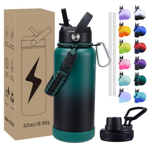 Image of Insulated Water Bottle, 32 oz Stainless Steel Wide Mouth Water Bottles with 2 Leak Proof Lid and Paracord Handle, Double Wall Vacuum Insulated Sports Water Bottle, Green Black
