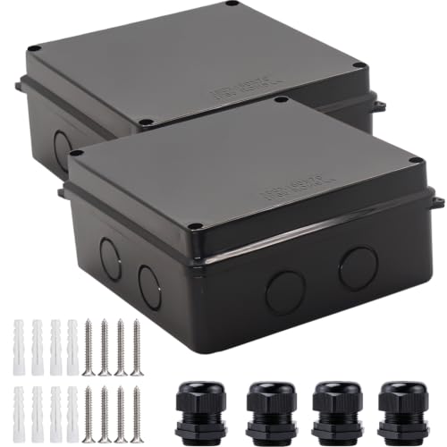 Image of Junction Box, 2Pcs Reserved Holes Electrical Boxes Waterproof IP65 ABS Plastic Electrical Power Cord Enclosure Project Box Black 5.9 x 5.9 x 2.8 inch(150x150x70mm)