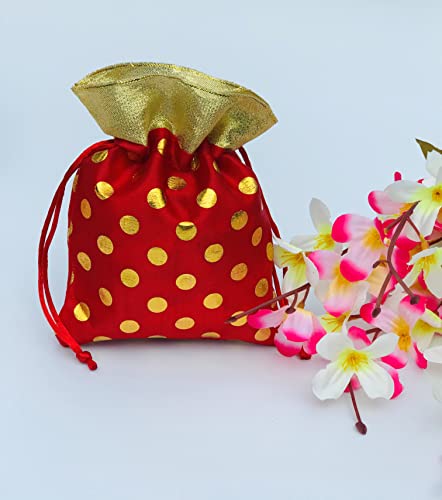 Image of Women's Polka Dot Potli Bags for Return Gifts Wedding Gift for mom Potli Purse Gift Bags Fancy Potli bag Diwali Potli Karwachauth Potli - Red Polka 1kg Large size (25cm x 27cm)
