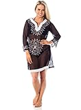 Alki'i Copacabana Long Sleeve Embroidered Beach Tunic/Cover Up, M, Black