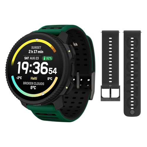 SUUNTO Vertical 2 GPS Sport Watch with 1.5” AMOLED Touchscreen, Pine Green & SUUNTO 22 ATH6 Silicone Strap All Black S+M