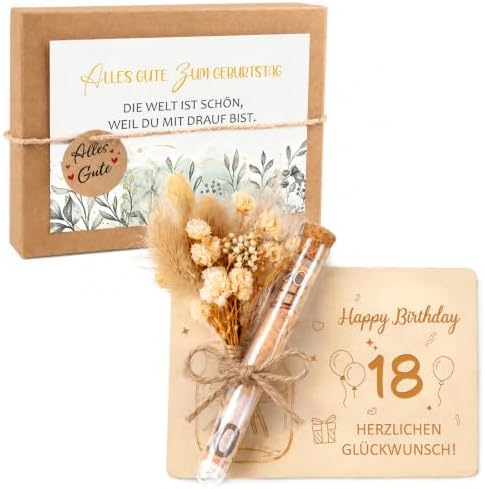 Anruzon Geldgeschenk 18. Geburtstag Mädchen Junge, Holz Geburtstagskarte 18 | Geschenkbox mit Trockenblumen, Grußkarte, Reagenzglas, Lustige Geburtstagsgeschenk für 18 Jahre, Perso
