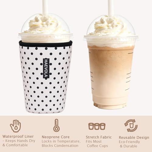 Image of Reusable Insulated Neoprene Iced Coffee Cup Sleeve, Durable Drink Sleeve for Cold Beverages, Beverage Holder for Iced Coffee, Black Polka Dots