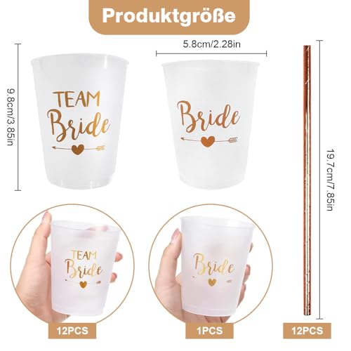 12 Stück Team Bride Becher mit 12 Strohhalme, JGA Becher Wiederverwendbar Team Bride Bachelorette Party Cup Bride Team Tassen Set für Bridal Shower Verlobungsfeier Junggesellenabschied
