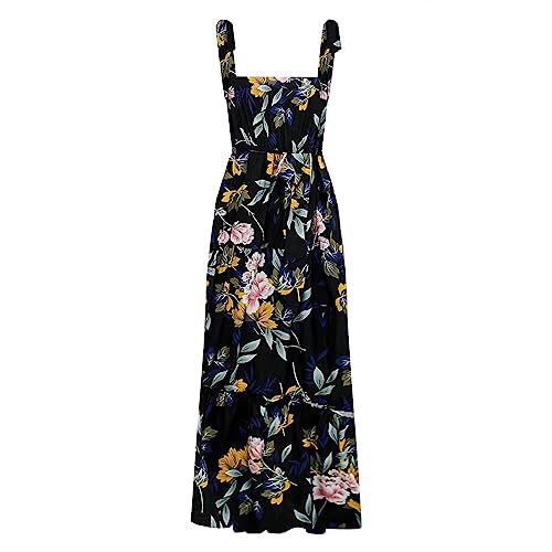 Image of kinstell Women's Summer Boho Spaghetti Strap Square Neck Ruffle Casual Flowy Long Dress Beach Swing Party Maxi Dress