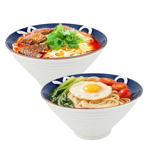 Lot de 2 grands bols à ramen en céramique de 1200 ml inspirés de bols à soupe pour dessert, céréales, nouilles, porridge, soupe thaïlandaise Udon Wonton, blanc (20 x 8,3 cm), passe au lave-vaisselle