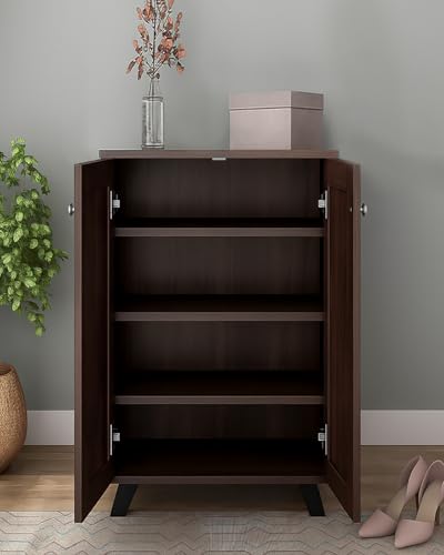 Image of EXVITO Wooden Shoe Rack Cabinet for Entryway, 4 Tier Shoe Storage Organizer with Doors, Modern Shoe Cabinet for Living Room, Hallway, Bedroom, Space Saving Shoe Stand Cupboard (Brown, 4-Tier)
