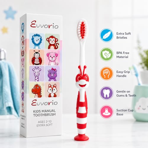 Image of Toothbrush for Kids with Ultra Soft Bristles for Oral Cleaning, Suitable For 2-12 Years Toddlers, Bee Design, Red, Pack of 1