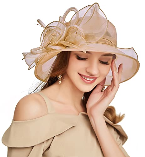 Tlmnu Organza Fascinator Hat - Women¡¯S Wide Brim Church Bridal Tea Party Wedding Hat 03Golden #TOP2