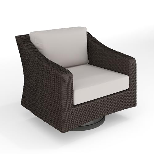 Martha Stewart Bedford Indoor-Outdoor Patio Chair with 360° Swivel Functionality and Rattan Wicker Finish in Brown with Tan All-Weather Cushions by Martha Stewart - Used condition - US$274.37