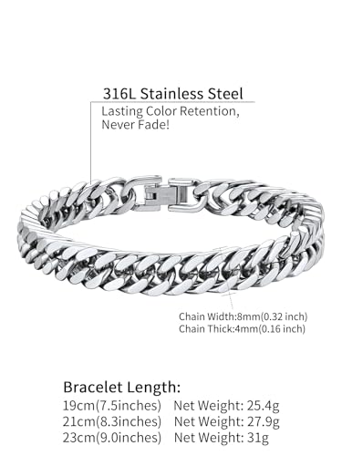 Chainshouse CHH18336G-8-21-CHUS Mens Cuban Bracelet Chain 316L Stainless Steel Punk Double Curb Bracelet 8Mm 21Cm thumb #5